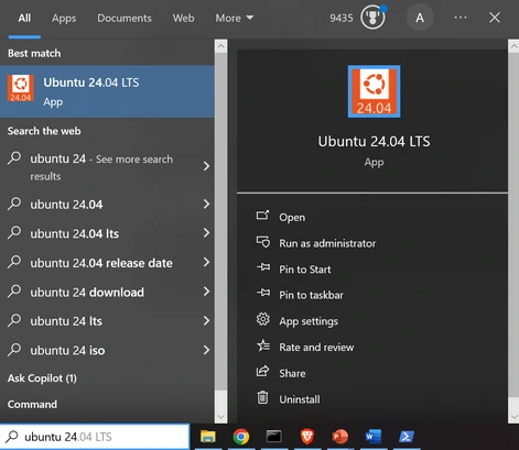 Ubuntu 24.04 in Start menu